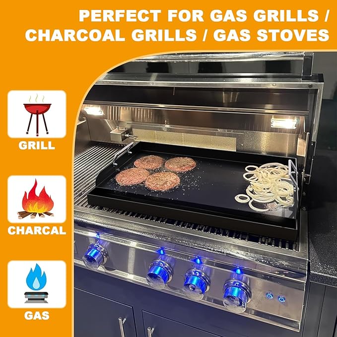 Universal Flat Top Griddle for Gas/Charcoal/Electric Grill, 25" x 16.5" Nonstick FlatTop Carbon Cooking Pan for Weber, Nexgrill, Charbroil, Camp Chef Grill Plate Teppanyaki Insert with Silicone Gloves