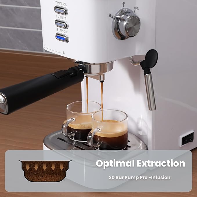 Gevi Professional Espresso Machine 20 Bar, Compact Latte & Cappuccino Machine with Milk Frother Steam Wand, Adjustable Shot Volume, White (Ideal Gift Choice)