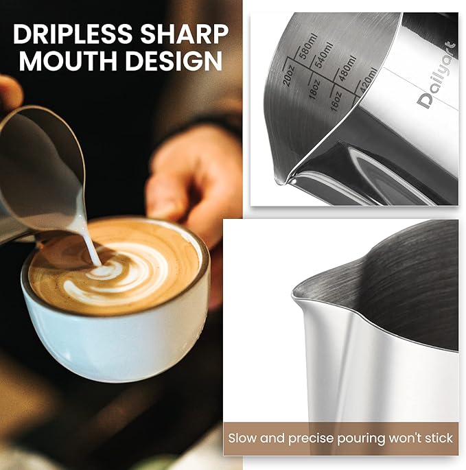 Milk Pitcher, Dailyart Stainless Steel Milk Frothing Pitcher with Thermometer for Coffee, Cappuccino,Espresso,Latte Art(600ml/20oz)