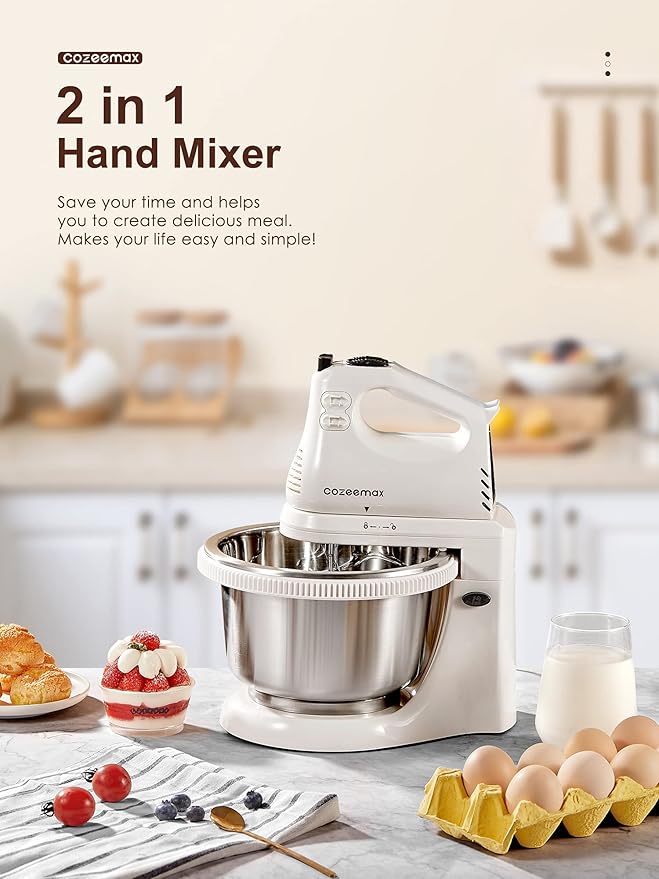 2 in 1 Hand Mixers Kitchen Electric Stand mixer with bowl 3 Quart, electric mixer handheld for Everyday Use, Dough Hooks & Mixer Beaters for Frosting, Meringues & More (White-S)