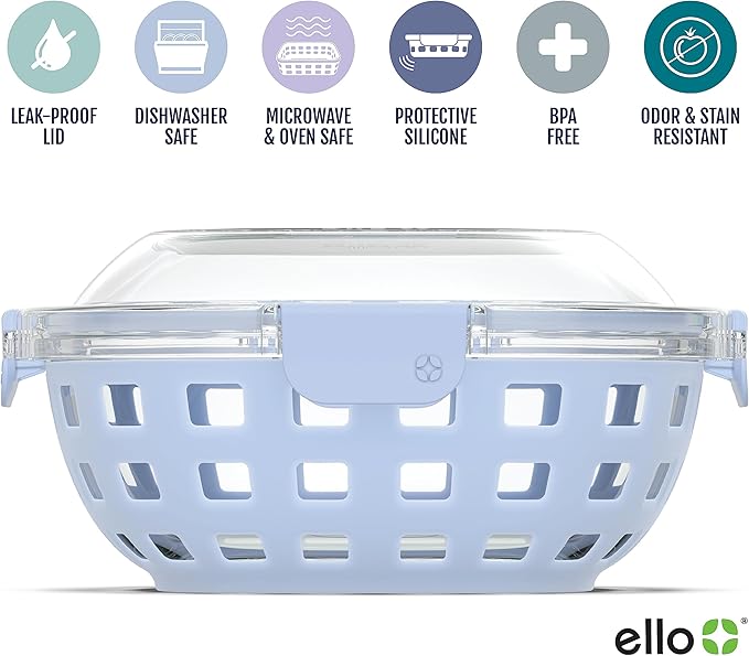 Ello Duraglass Meal Prep Lunch Bowl Container, 5 cup- Glass Food Storage Container with Silicone Sleeve and Airtight BPA-Free Plastic Lid, Dishwasher, Microwave, and Freezer Safe