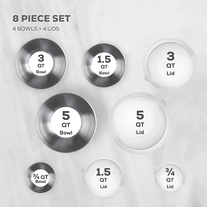 Double Wall Stainless Steel Mixing Bowls with Airtight Lids (Set of 4) Nesting Bowls for Space Saving Storage - Non-Slip Bottoms for Stability - Mixing Bowl Set For Cooking, Baking & Food Storage.