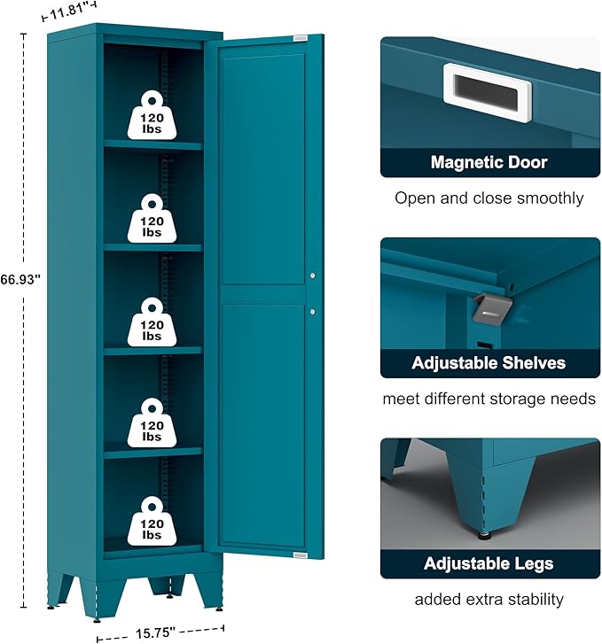 67" Tall Narrow Bathroom Metal Storage Cabinet with 4 Adjustable Shelves, Freestanding 5 Tier Slim Pantry Storage Cabinet for Small Space, Peacock