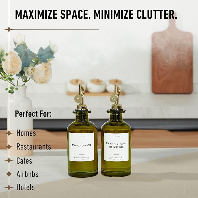 Green Glass Olive Oil Dispenser Bottles For Kitchen,Avocado Oil Dispenser Set, Modern Decor, Gold Kitchen Accessories for Home, Airbnb, Cafe (Gold, Set of 2)