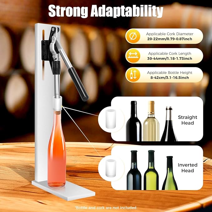 Wine Bottle Corker Press, Stainless Steel Manual Corker Cork, Bottle Capper for Bottling, Wine Bottle Inserting Stopper Tool with 2 Pom Heads for Wineries, Bars, and Restaurants