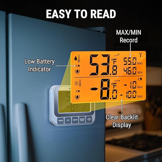 ThermoPro Wireless Freezer Fridge Thermometer with Alarm, 500 ft/150 m Range, High Accuracy, Rechargeable Refrigerator Thermometer with Backlit LCD Display, Battery Included
