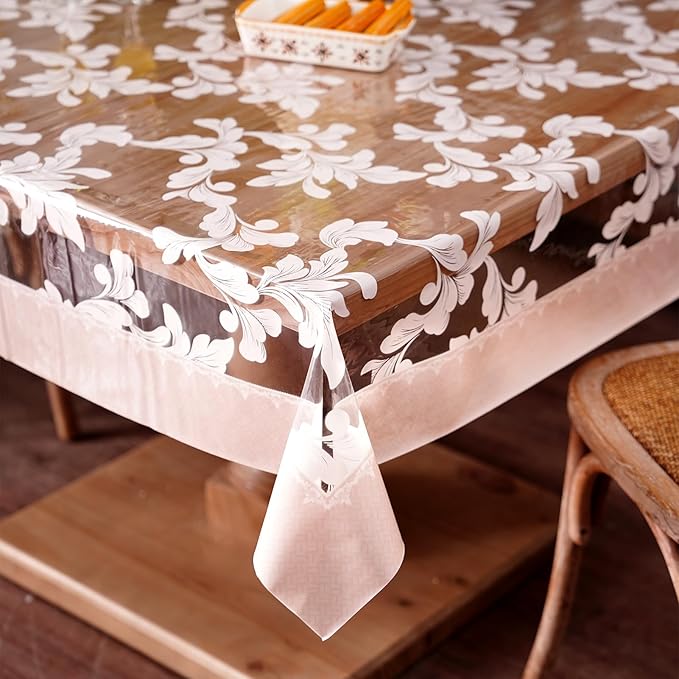 Vinyl Table Cloth Square Clear Table Cover Protector with Block Printed Pattern Oil Spill Proof Farmhouse Rustic Plastic Table Covers for Dining Tables (Scroll Grass, 55 x 55 Inches)