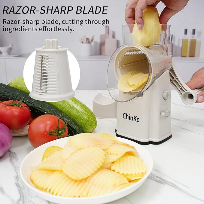 Rotary Cheese Grater Shredder - Upgraded 5 in 1 Cheese Grater with Handle and Strong Suction Base, Multi-purpose Julienne Slicer Ice Shaver Nuts Grinder for Ice, Vegetables, Fruit, Nuts