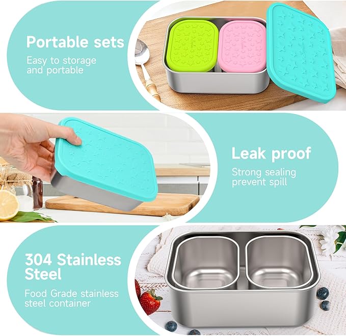 SOPHICO Stainless Steel 24 OZ Snack Containers for Kids，Food Storage Container with Silicone Lid - Perfect 304 Metal Toddler Lunch Box for Daycare and School, Leak Proof(Mint)