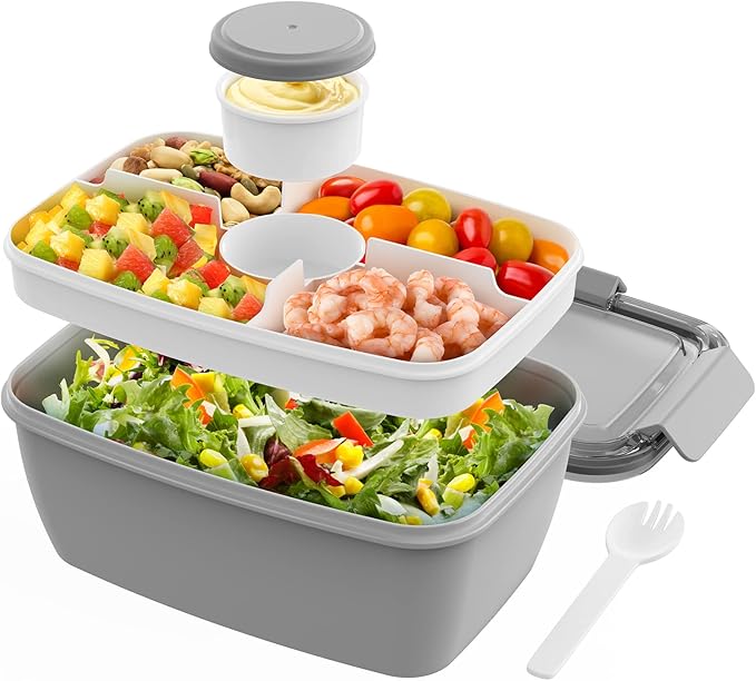 Cherrysea Salad Lunch Container, 68oz Salad Bowls with 4 Compartments Tray,Leak Proof Lunch Box with Fork for Men,Women BPA-Free Snack Container with Sauce Container for Dressings-Grey