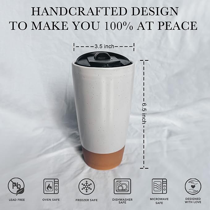 Mora Double Wall Ceramic Coffee Travel Mug with Lid, 14 oz, Portable, Microwave, Dishwasher Safe, Insulated Reusable Tall Cup, Splash Resistant Lid - To Go Tumbler for Car Cup Holder, Cotton White