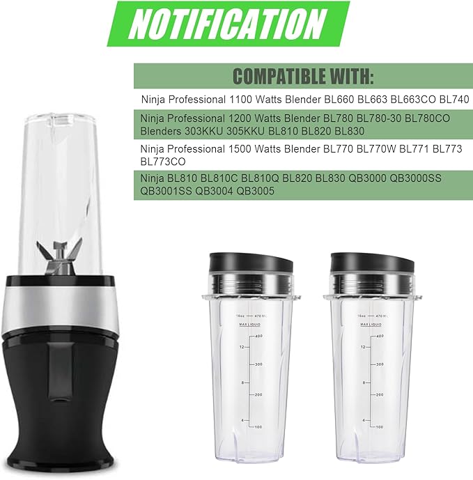 Upgrade 2 Pack 16oz QB3001SS Replacement Cups Compatible with Ninja Fit Compact Personal Blender, Replacement for Ninja Blender Cups with Scale and Sealing Cap…