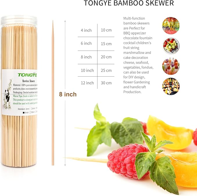 [200 PCS] 8 inch Bamboo Skewers, Premium Wooden Skewers without Splinters, Skewers for Grilling, BBQ, Appetizer, Fruit Kabobs, Chocolate Fountain, Cocktail Toothpicks, and Food Skewer Sticks.