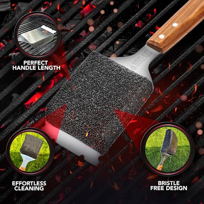 BBQ-AID Bristle Free Grill Brush and Scraper for Barbecue - Extended Large Wooden Handle with Replaceable Head - No Scratch BBQ Cleaning Accessories for Outdoor Grills