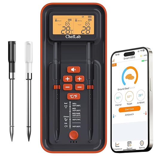 AI Meat Thermometer Wireless, 500ft Long Range Smart Digital Bluetooth BBQ Thermometer for Grilling, Smoker, Oven, Kitchen Cooking (Dual Probe)