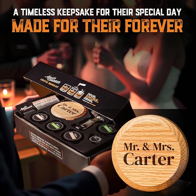 Personalised Whiskey Smoker Kit with Torch & Butane with Oak Wood Chips - Custom Engraved Smoke Lid for Bourbon & Old Fashioned Cocktails - Unique Whiskey Gifts for Men - Fits Various Glasses