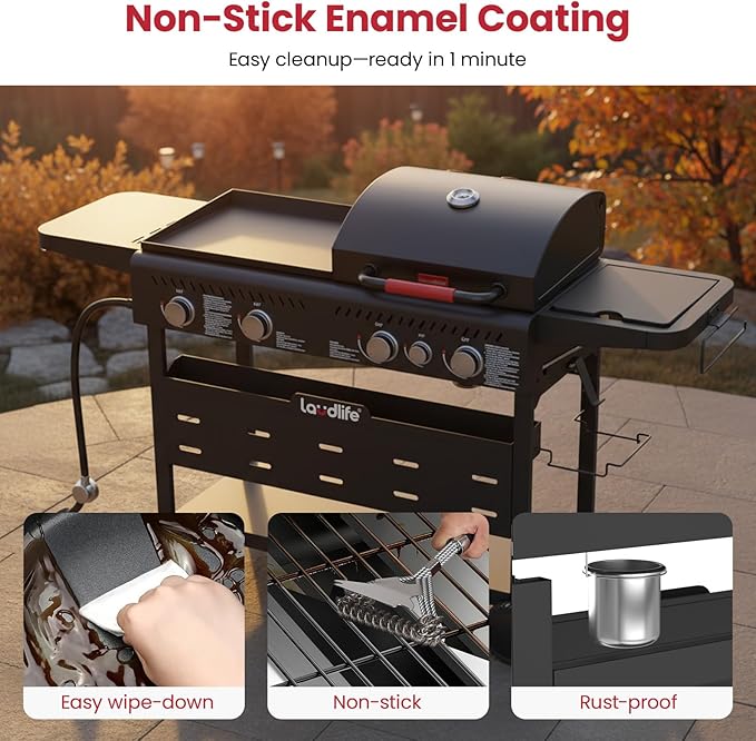Griddle Grill Combo with Side Burner, 702 SQ.IN Cooking Space, 5 Burners Propane BBQ Grills of 50,000 BTU, Non-Stick Enamel Grate, Heavy-Duty Stand for Backyard BBQ & Outdoor Cooking