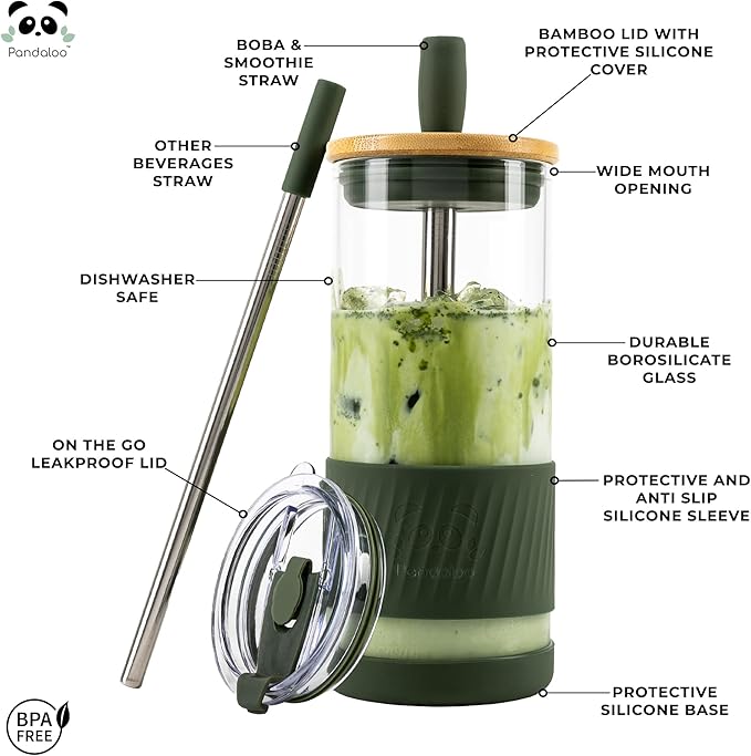 Pandaloo® Glass Cups With Lids and Straws -20 Fl Oz- Perfect Size Iced Coffee Cup - Smoothie Cup With Bamboo Lid and On the go Lid - (2 Count (Pack of 1), Black Saphir-Mediterranean Olive)