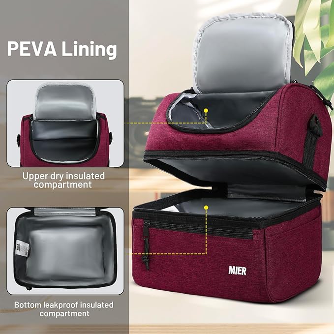 MIER Adult Lunch Box Insulated Lunch Bag Large Cooler Tote Bag for Men, Women, Double Deck Cooler (Dark Red, Large)