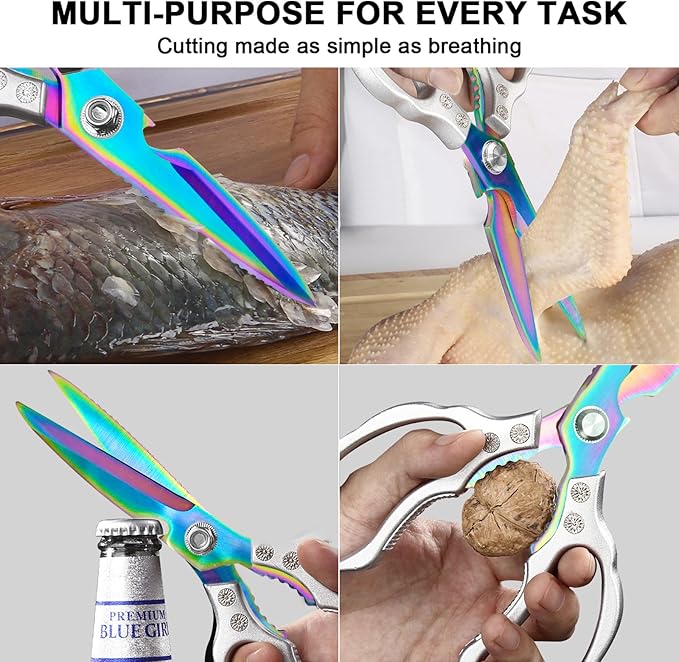 CGBE Kitchen Scissors, Multi-Purpose Kitchen Shears, Heavy Duty Dishwasher Safe Food Scissors for Chicken, Poultry, Fish, Meat & Herbs with Non-Slip Grips - Sliver Colorful