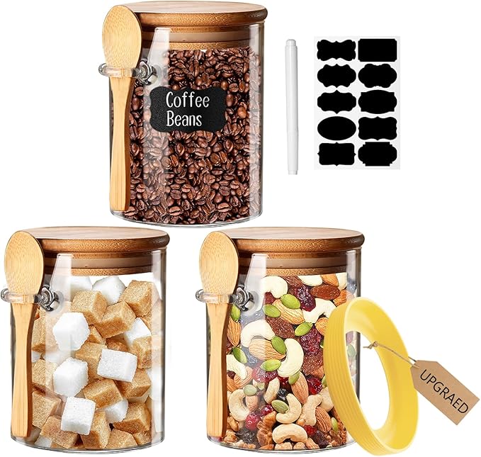 Spice Jars, Overnight Oats Containers with Airtight Lid and Spoon, Decorative Kitchen Canisters Set, Glass Storage Containers for Coffee, Tea, Sugar, Spice, Bath Salt, 18Oz/530ML (3PCS)