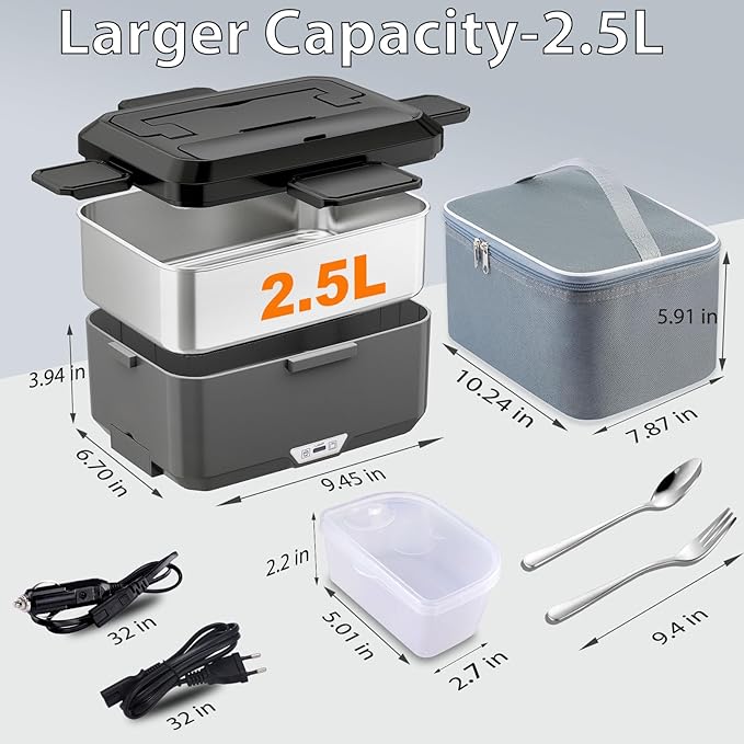 Nifogo Electric Lunch Box for Adults 2.5L 80W Portable Heated Lunch Box for Men 3 in 1 Portable Food Warmer 110V/12V/24V Removable Stainless Steel Container & Big Bag(2.5L-Black)