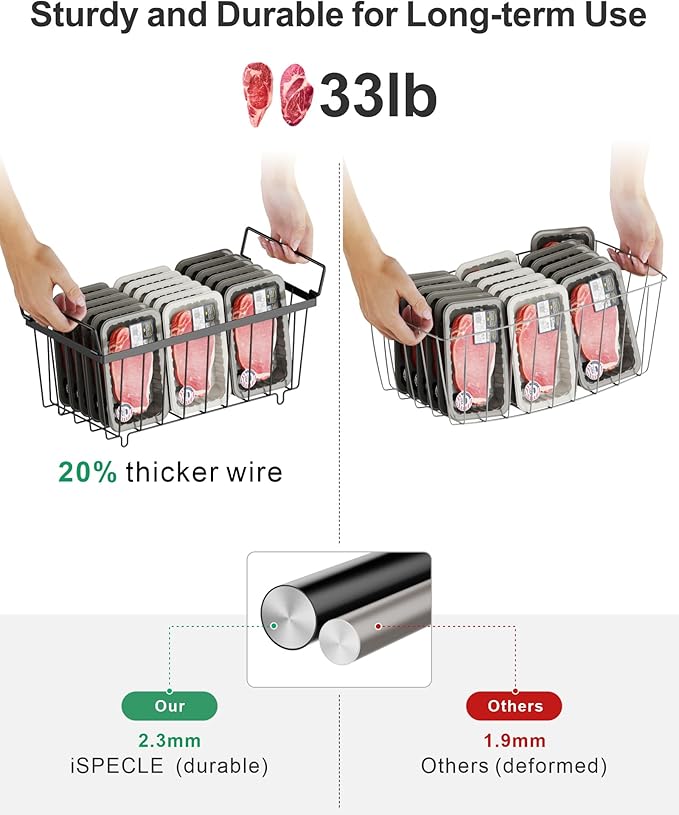 iSPECLE Chest Freezer Basket - 3 Pack Small Stackable Freezer Bins for Most 7 Cu.FT Deep Freezer Sort Frozen Food, Deep Freezer Organizer Bins with Handles Easy to Get Food from Bottom, Black