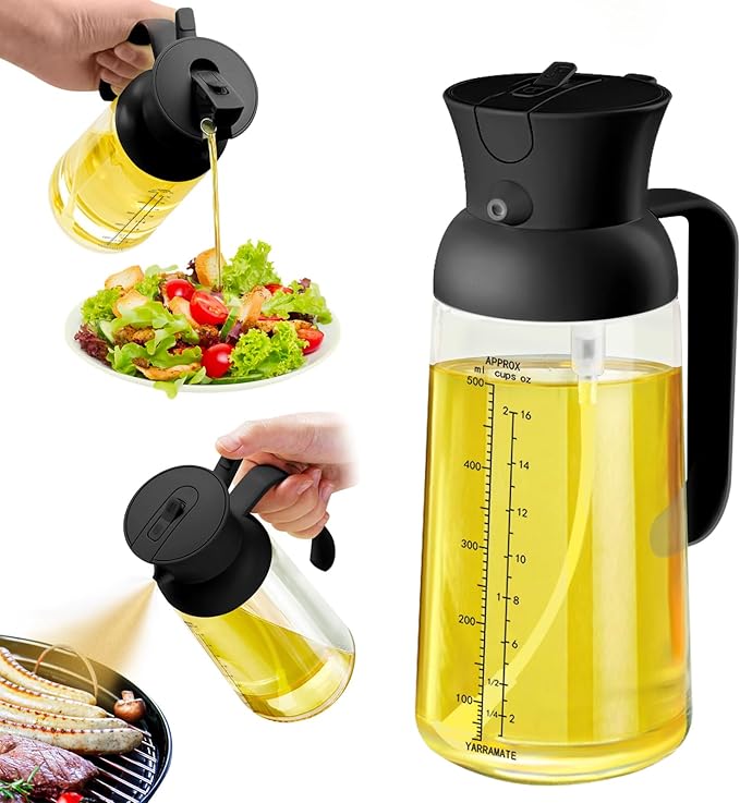 YARRAMATE Large Capacity 2 in 1 Oil Sprayer for Cooking with Measuring, 18oz/550ml Olive Oil Dispenser for Kitchen, Food-grade Oil Spritzer Bottle for Air Fryer, Salad BBQ (Black)