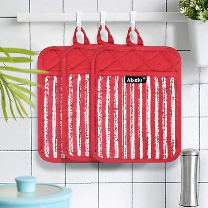 Silicone Pot Holders Set of 3 Heat Resistant & Non Slip Potholders, Professional Oven Hot Pads with Pockets Mitts for Kitchen Cooking Baking Barbecue (3, Red)