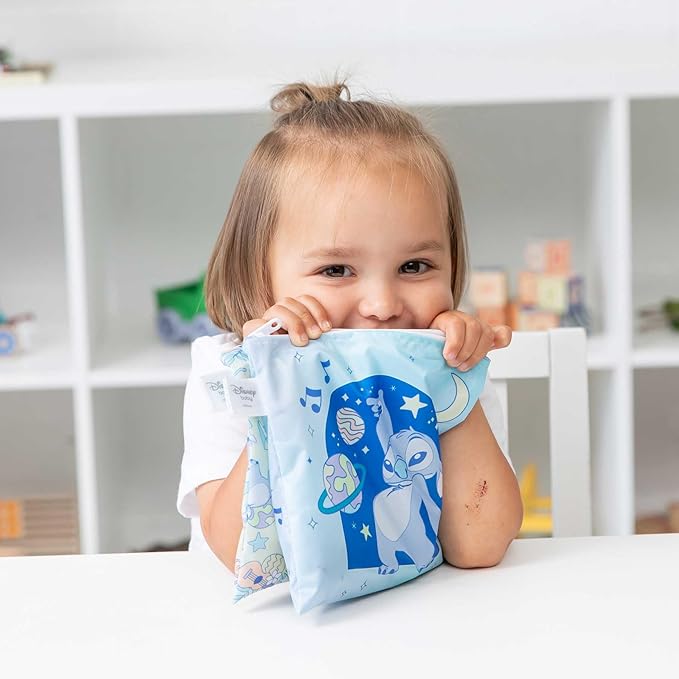 Bumkins Reusable Sandwich and Snack Bags, for Kids School Lunch and for Adults Portion, Washable Fabric, Waterproof Cloth Zip Bag, Travel Pouch, Food-Safe Storage, Large 2-pk, Disney Stitch