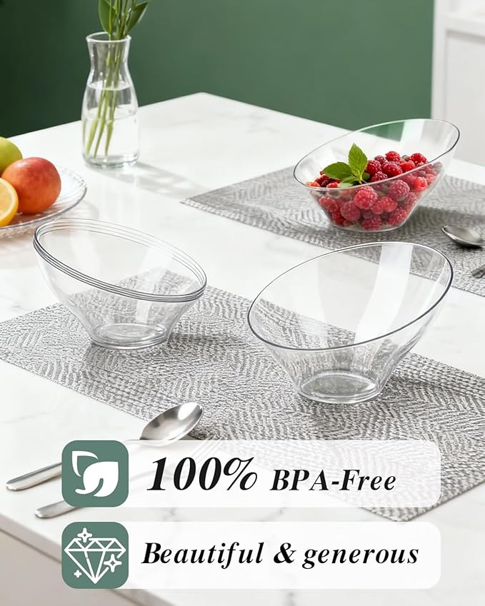 BESTVIP 8oz Clear Plastic Serving Bowls for Party - 12 Pack Angled Disposable Serving Bowls, Party for Chips, Snacks, Fruit, Salad - Bowls for Parties, Daily Use, Catering, Christmas