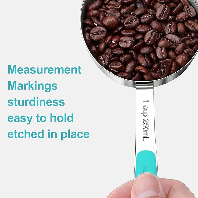 Measuring Cups and Spoons Set Stainless Steel 10 Piece for Cooking and Baking (5 Cups + 5 Spoons, Aqua Sky Handle)