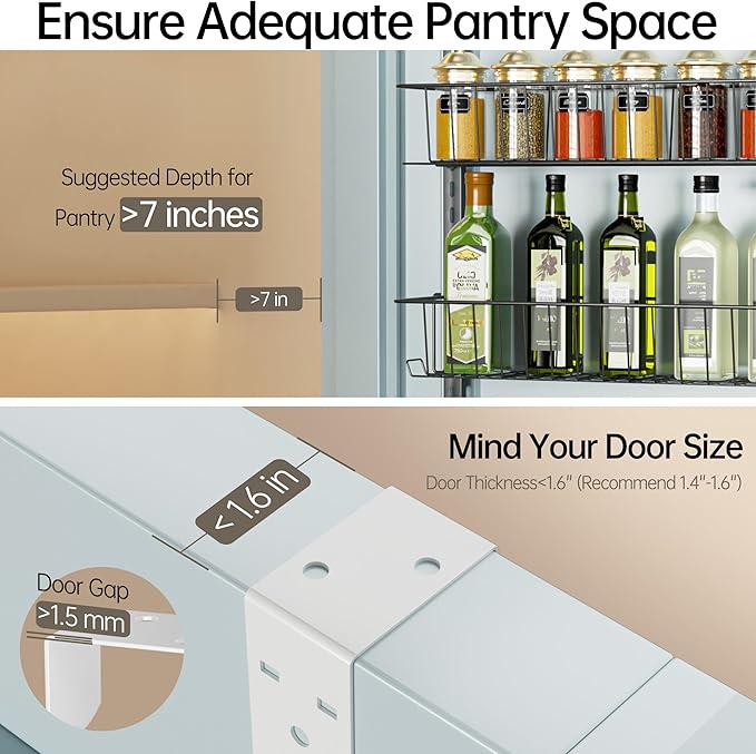 Delamu Adjustable Cabinet Door Organizer, 6-Tier Hanging Spice Rack Organizer, Metal Over the Door Pantry Organizer, Pantry Organizers and Storage Shelves for Kitchen Bathroom Laundry Room, White M