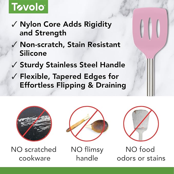Tovolo Slotted Silicone Spatula Turner Slotted Stainless Steel Handle 10" Pink Sorbet Heat Resistant Non Toxic BPA Free Kitchen Utensil, Silicone Egg Pancake Flipper Metal Handle Turner for Cooking