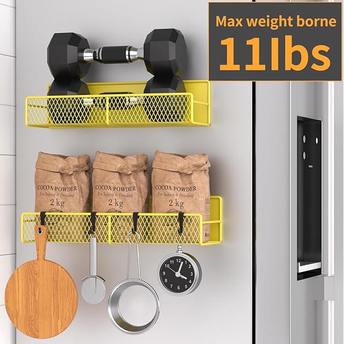 Magnetic Spice Rack for Refrigerator, 2 Pack 100% Metal Strong Magnet Shelf, Space Saving Spice Organizer W/ Hooks, Movable Magnetic Fridge Shelf, Kitchen Home Laundry Room Storage Organization,Yellow