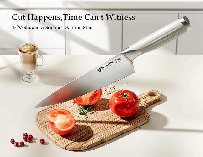 BRODARK Kitchen Knife Set with Block and Sharpener – 15-Piece Ultra Sharp White Knife Set Full Tang Stainless Steel Knife Block Set with Ergonomic Handle – Christmas Gift, Roman Series