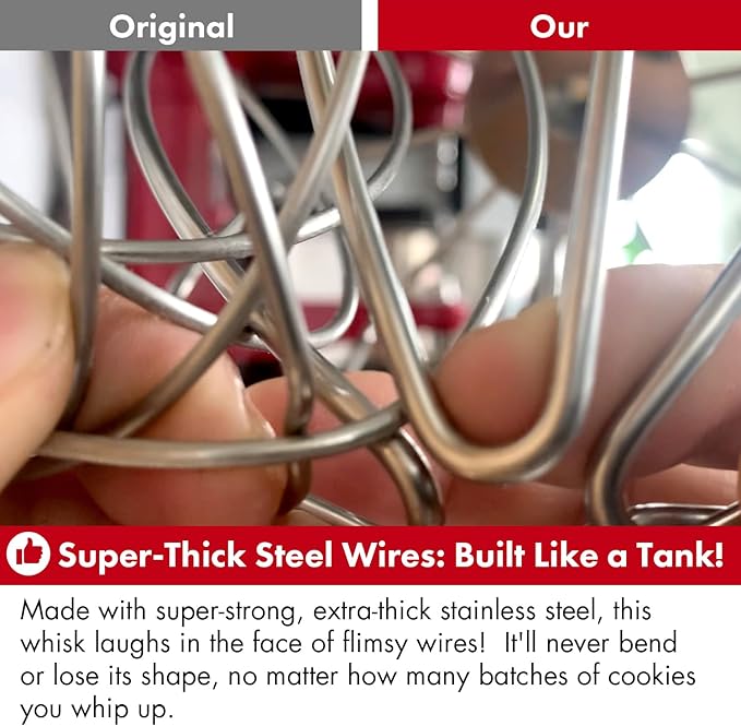 Heavy Duty Whisk Attachment for KitchenAid 5Plus-6QT Bowl-Lift Stand Mixers- Extra Thick Stainless Steel Wire Whip for Fast Whipping, Perfect for Large Batches, Dishwasher Safe