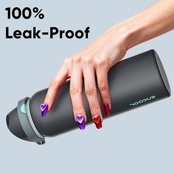 Insulated Water Bottle with Straw - Encool Stainless Steel Water Bottle with Push Button Lid, Leak-Proof & BPA-Free, Keeps Cold for 24 Hours for Sports, Travel, Gym (40 oz, Tuna Grey-Green)