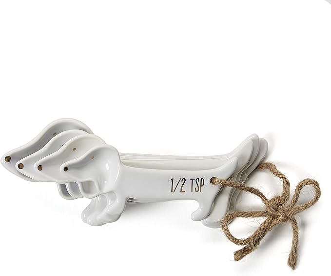 VOTUM White Dachshund Ceramic Measuring Spoon Set – Set of 4 Cute Weiner Dog Themed Kitchen Baking Tools – Gift for Dog Lovers