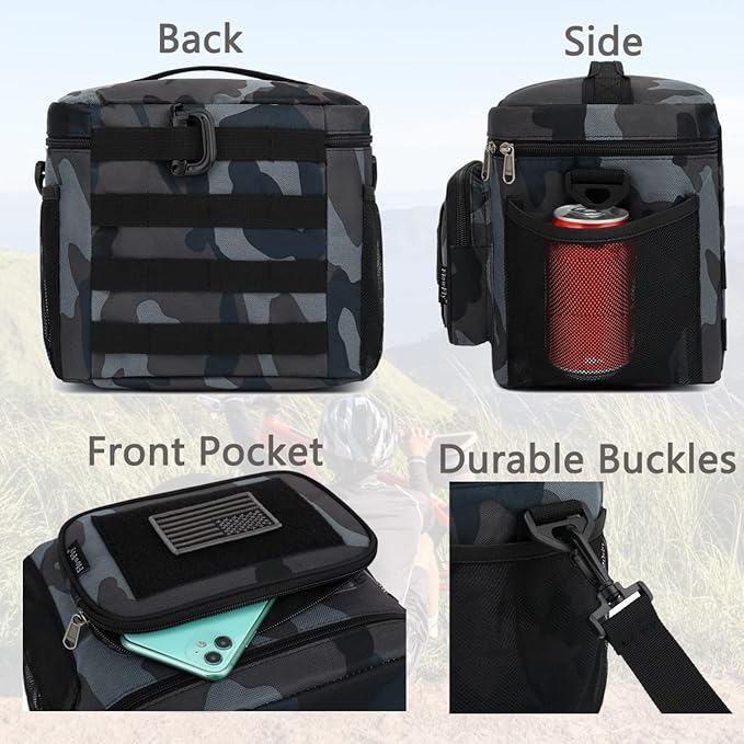 FlowFly Lunch Bag, Insulated Cooler, Thermal Lunch Box Tote with MOLLE/PALS Webbing, Adjustable Padded Shoulder Strap, for Tactical Men Women Adults and Boys Girls Kids (Black#Camo, Medium)