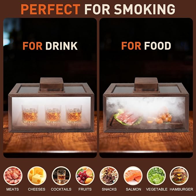 Cocktail Smoker Kit - Whiskey Smoker Kit with Smoking Gun：Black Walnut Cocktail Smoke Box, Food Tray and Wood Chips，Bourbon Old Fashioned Smoker Kit Christmas Gifts for Men，Dad（No Butane）