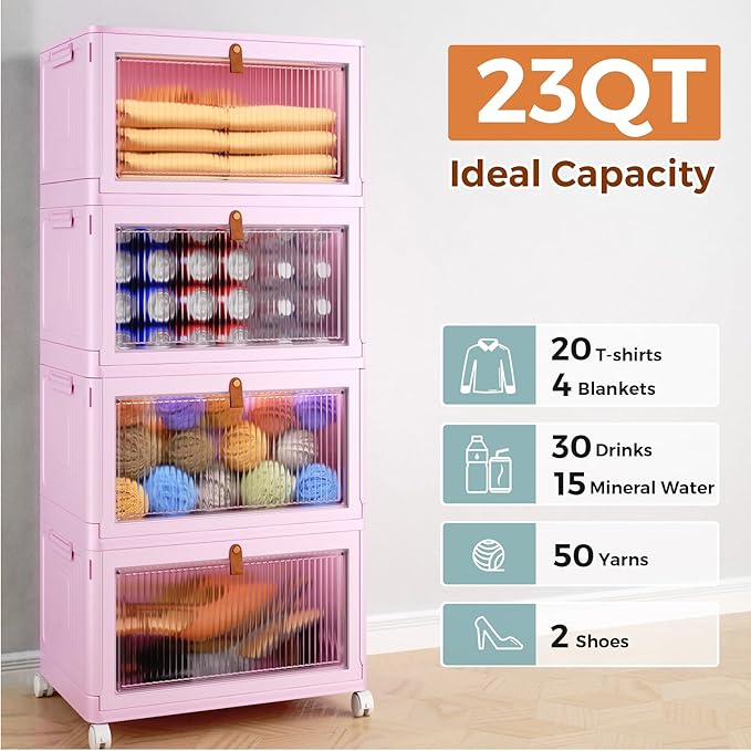 4 Tier Stackable Plastic Storage Bins with Lid and Wheels - 23 QT Closet Organizers and Foldable Storage Containers, Organization Boxes for Craft, Home, Pantry, Dorm, Pink