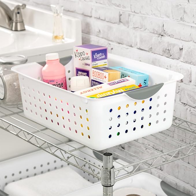 Sterilite 12-Pack Medium Ultra Basket, Open Top Plastic Storage Organizer, White - Classic Baskets for Organizing Countertops, Pantry Shelves, Kitchen Cabinets, Laundry Rooms or Home Offices