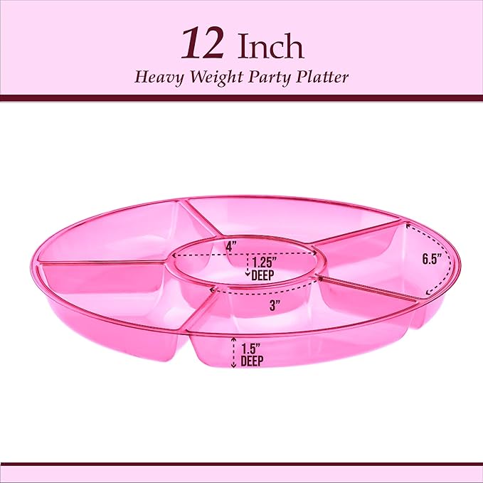 Plasticpro 6 Sectional Round Plastic Serving Tray/Platters Pink Pack of 2
