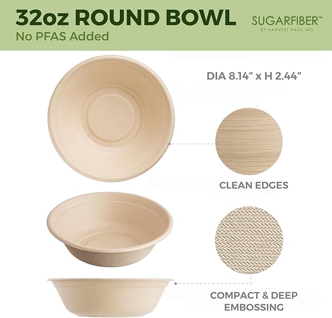[500 COUNT]Harvest Pack PFAS FREE 32oz Round Paper Bowls, Compostable Heavy-Duty Eco-Friendly Disposable Bagasse Large Soup Bowls, sugarcane made for Meal Prep Takeout Dinnerware, Microwave Safe