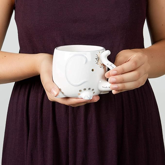VOTUM Elephant Ceramic Coffee or Tea Mug - Animal Shaped Cup with Hand Printed Designs Saying “And So the Adventure Begins” - Cute Handmade Gift for Men or Women Elephant Lovers – 18.6 Fluid Ounce
