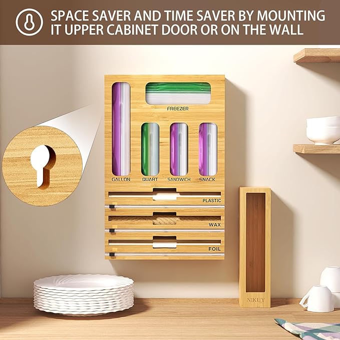 9 IN 1 Bamboo Foil and Plastic Wrap Organizer for Kitchen Drawer, Plastic Bag Organizer Organization and Storage, Food Storage Bag Organizer with Labels for Quart Gallon Snack Sandwich Bag