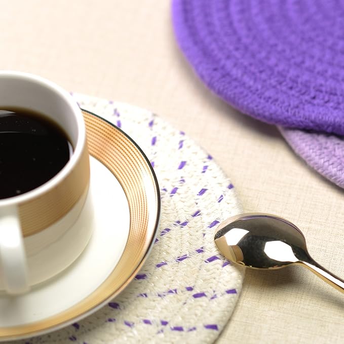 Pot Holders Set Trivets Set 100% Pure Cotton Thread Weave Hot Pot Holders Set (Set of 3) Stylish Coasters, Hot Pads, Hot Mats, Spoon Rest For Cooking and Baking by Diameter 7 Inches (Purple)