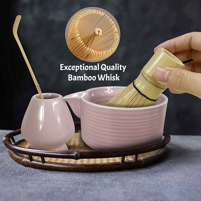 Matcha Whisk Set 6 pc Kit - Traditional Japanese Chasen, Bamboo Whisk Holder, Ceramic Bowl with Spout, Sifter & 2 pc Spoons - matcha kit set, Gift for Matcha Tea Lovers(Pink)