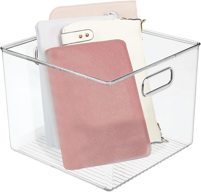 mDesign Small Modern Plastic Storage Organizer Bin Basket with Handles for Home Closet Organization - Shelf, Cubby, Cabinet, and Cupboard Organizing Decor - Ligne Collection - Clear